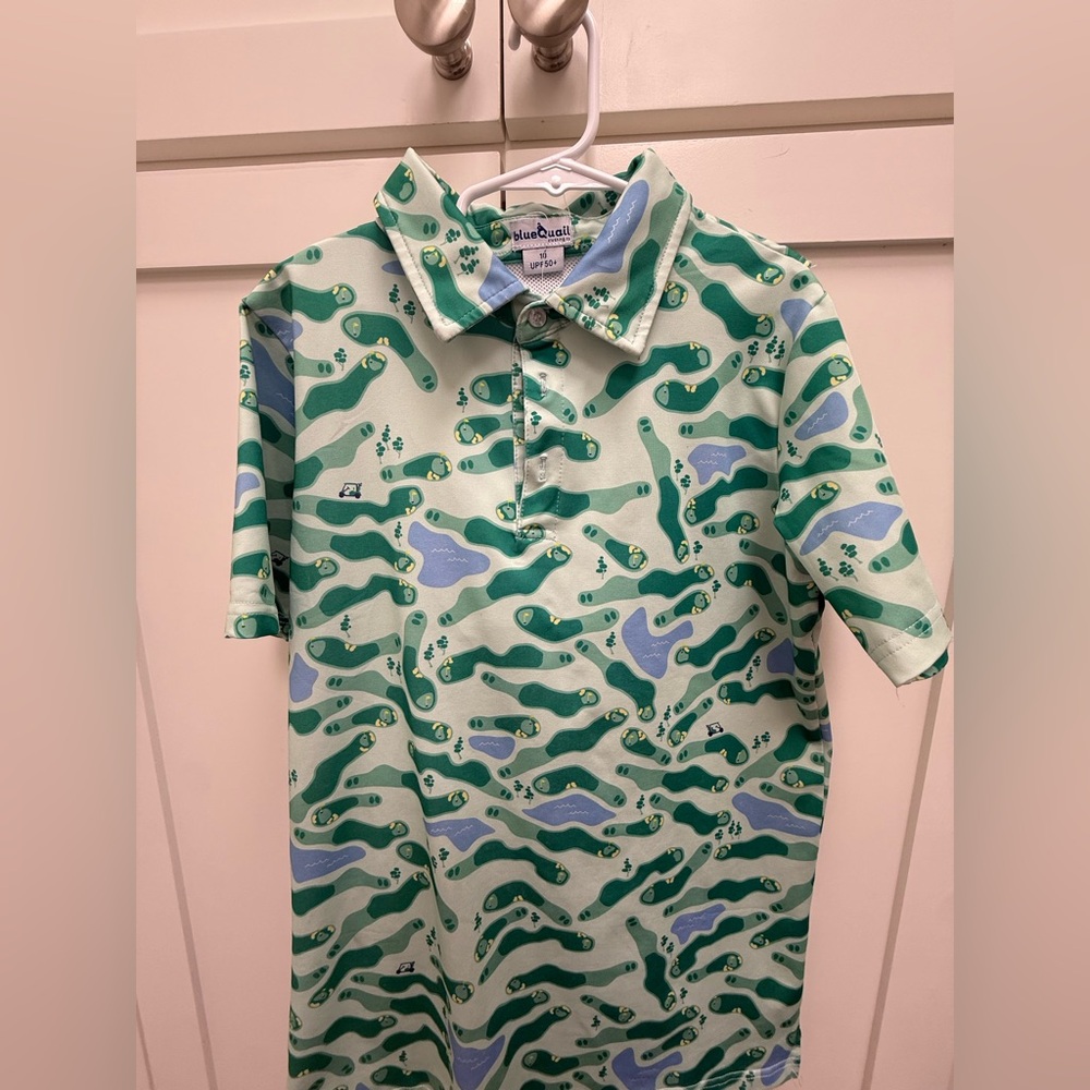 Blue Quail Kids Polo Shirt with Golf Course Design - Green and Blue